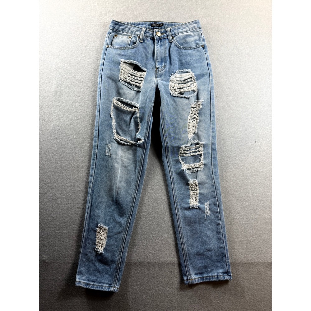 Nasty Gal Jeans Women 4 Blue Distressed Straight Leg Denim 27x27 Thrashed